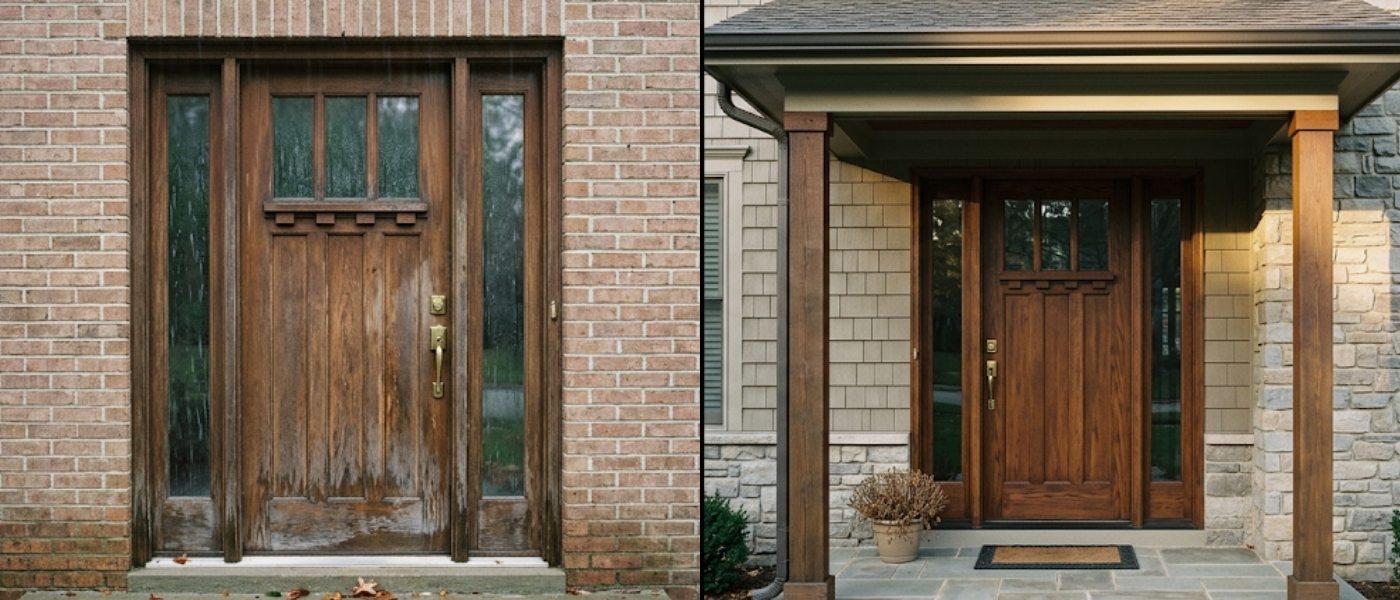 Weathered vs. Protected Door Maintenance Two photos of wood Craftsman doors illustrating the difference between a door exposed to the elements and one protected by a porch.