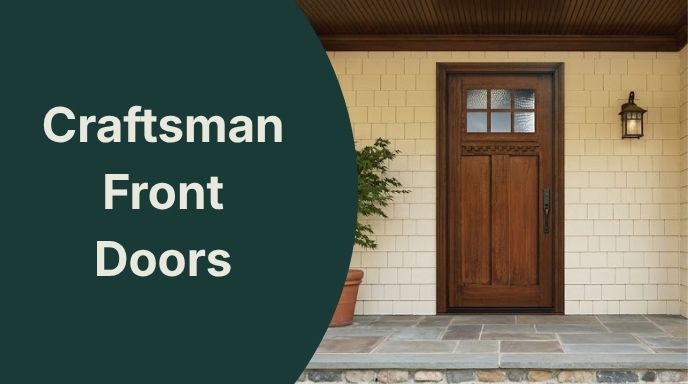 Craftsman Front Doors A high-quality wood Craftsman front door on a porch with the text "Craftsman Front Doors" overlaid on a dark green background.
