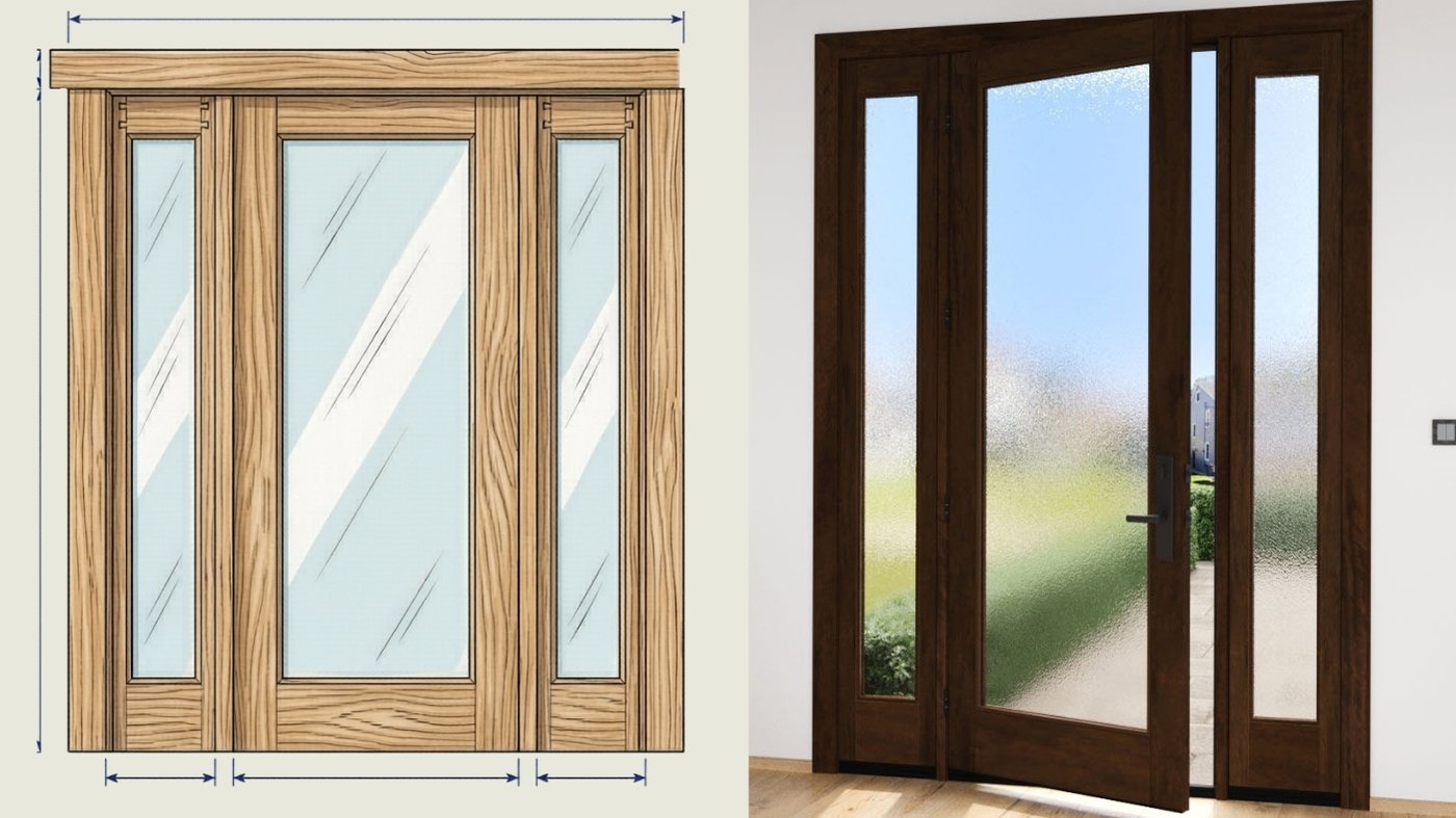 Modern Full-Lite Entry System : A technical sketch and a photograph of a dark wood entry door and sidelites featuring large, clear glass panes.