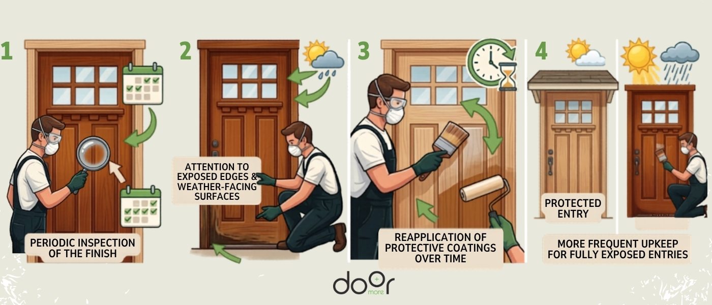 Wood Door Maintenance and Care Guide An illustrated guide showing a technician inspecting, repairing, and refinishing a Craftsman-style wood door to protect against weather damage.