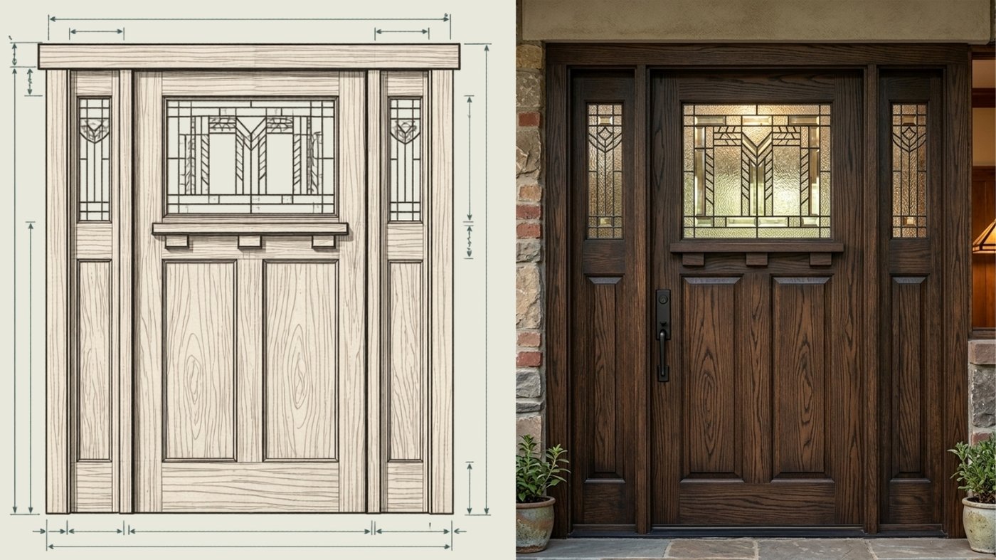 Craftsman Entry with Decorative Glazing A technical sketch and a photograph of a dark wood Craftsman entryway with decorative leaded glass windows and sidelights.