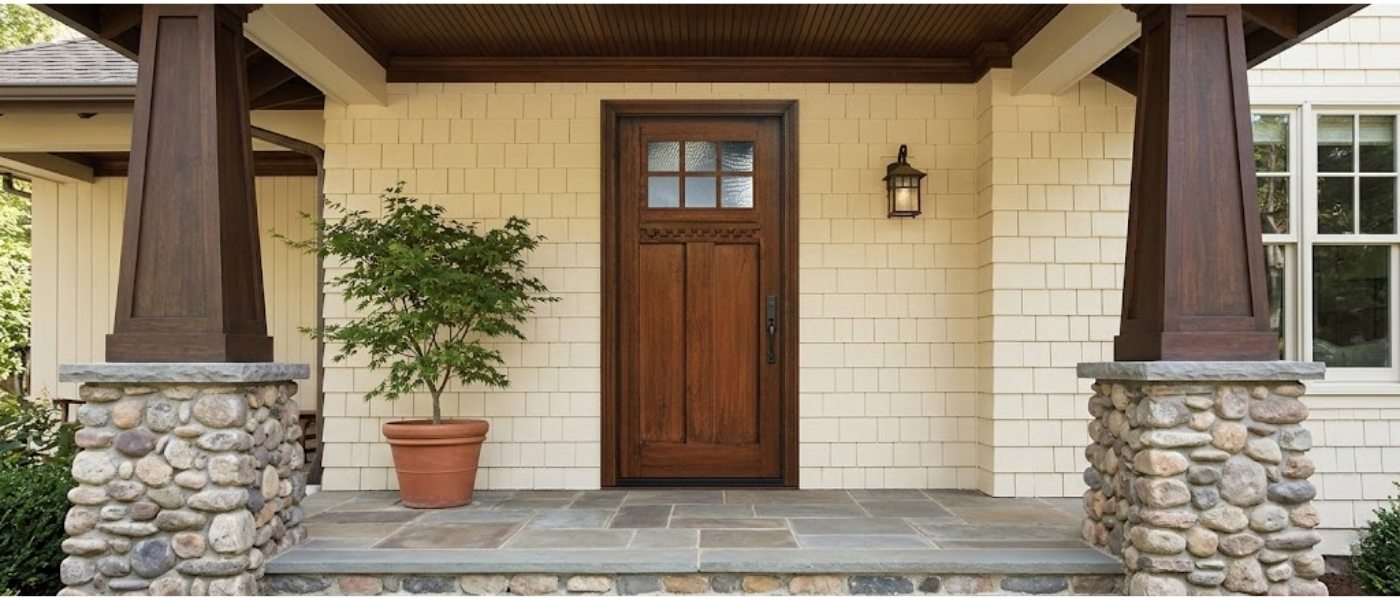 Craftsman Style Entryway A front porch with a wood Craftsman door, tapered columns on stone bases, and a slate stone floor.