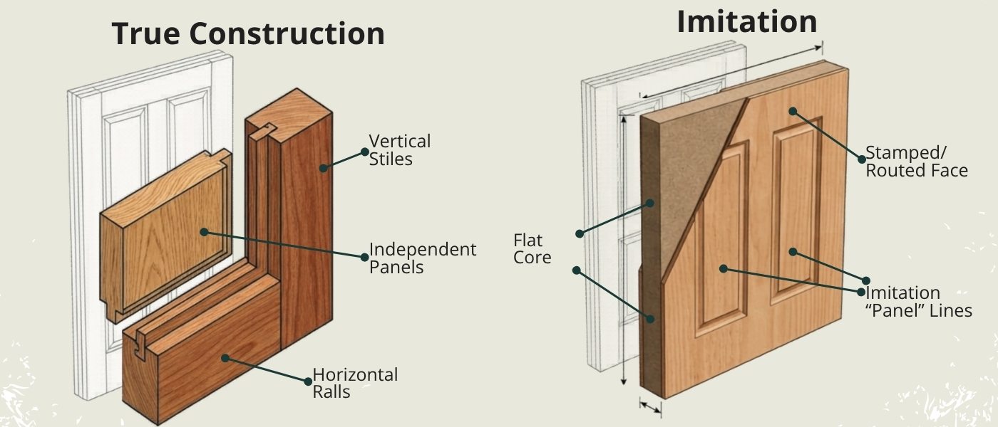 Door Construction Comparison: True vs. Imitation Diagram showing the internal differences between authentic stile-and-rail wood door construction and imitation stamped-face doors.