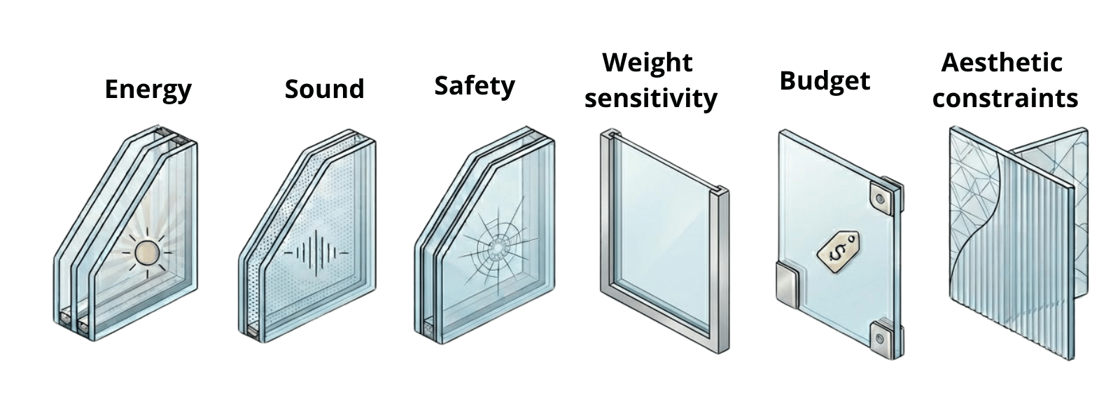 Glass Performance and Selection Factors Illustrated diagram showing different glass types and icons for energy, sound, safety, weight, budget, and aesthetics.