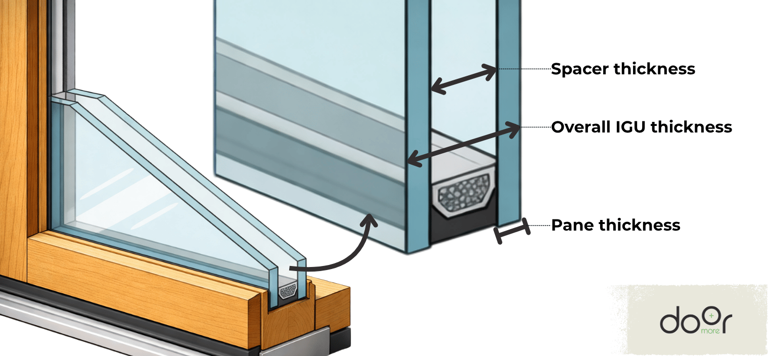 IGU Glass Anatomy Diagram Diagram showing a cutaway of double-pane glass in a wood frame with labels for glass and spacer dimensions.