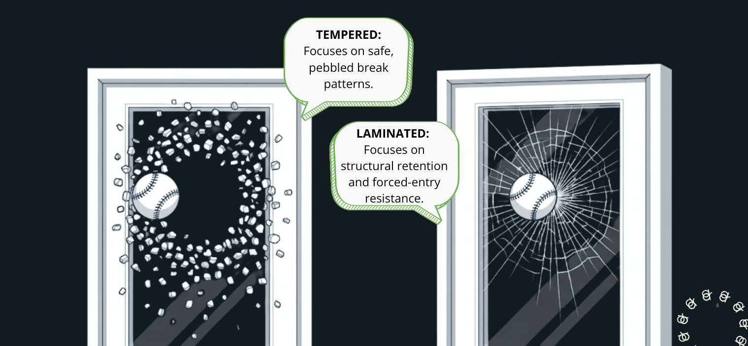 Tempered vs. Laminated Safety Glass Diagram illustrating tempered glass shattering into small pieces versus laminated glass cracking but staying intact upon impact.