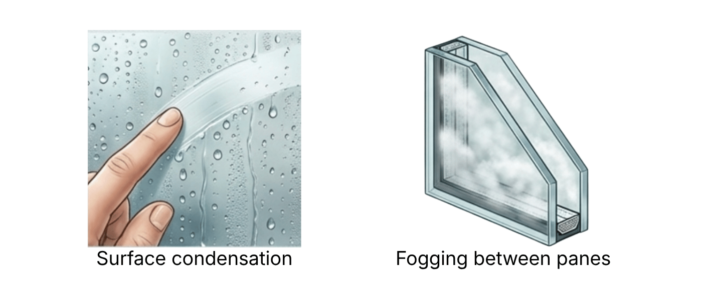 Condensation vs. Seal Failure Comparison of water droplets on the surface of glass versus fog trapped inside a double-pane glass unit.