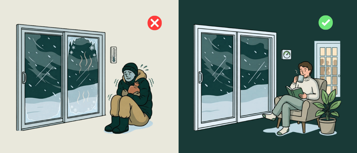 Sliding Door Insulation Comparison Comparison of a shivering person near a drafty sliding door and a comfortable person reading by an energy-efficient sliding door during winter.