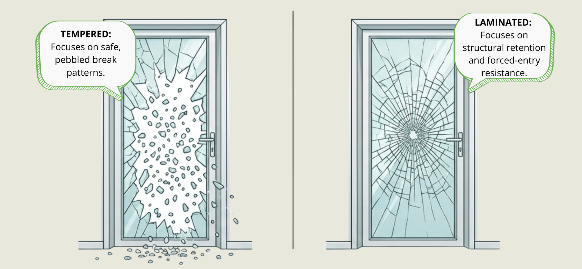 Tempered vs. Laminated Door Glass Illustration of tempered glass breaking into pebbles and laminated glass holding its structure despite cracking.