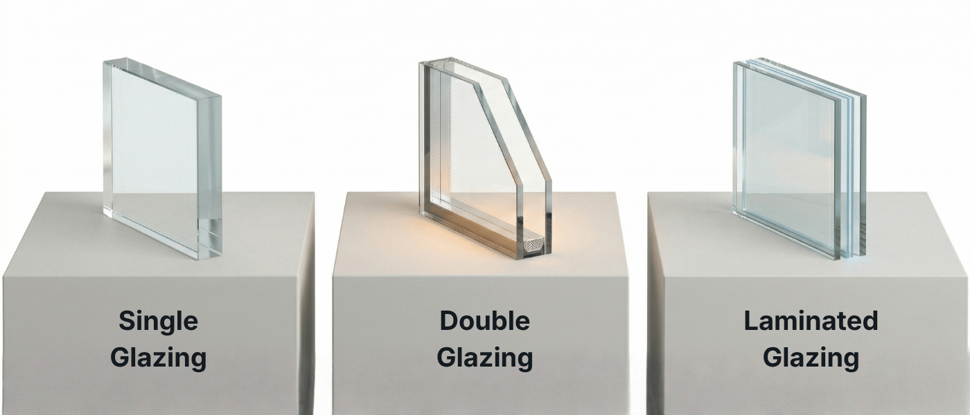 Glazing Type Comparison Three glass samples on white pedestals demonstrating single, double, and laminated glazing structures.