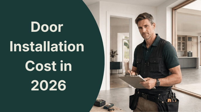 2026 Door Installation Cost A contractor stands in a house under renovation next to large text that reads "Door Installation Cost in 2026."