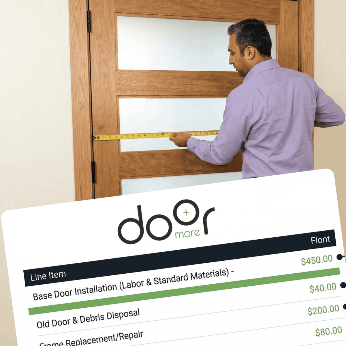 Door Installation Cost Guide A man measuring a modern wood door with a tape measure, overlaid with a service price list showing installation costs.