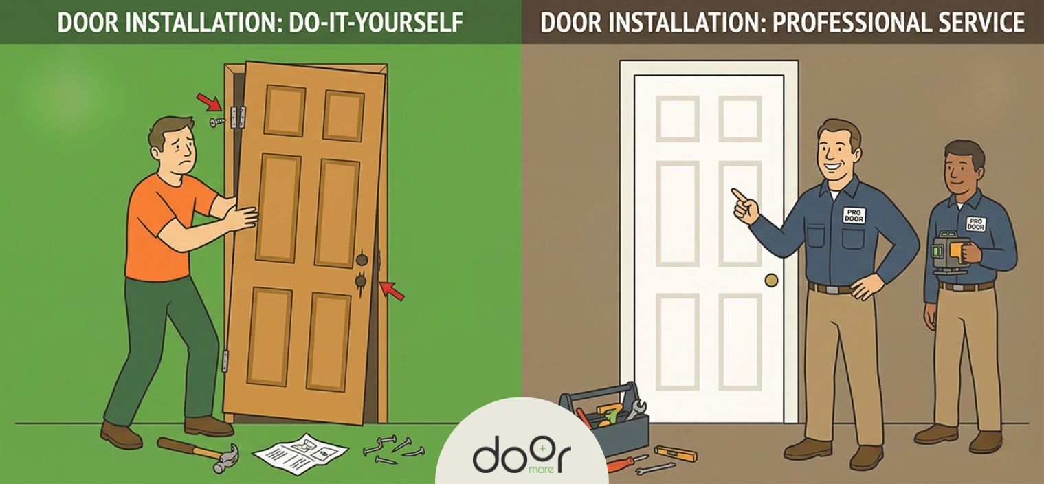 DIY vs. Professional Door Installation Cartoon comparison showing a frustrated man with a falling door versus two smiling professionals standing by a properly installed door.