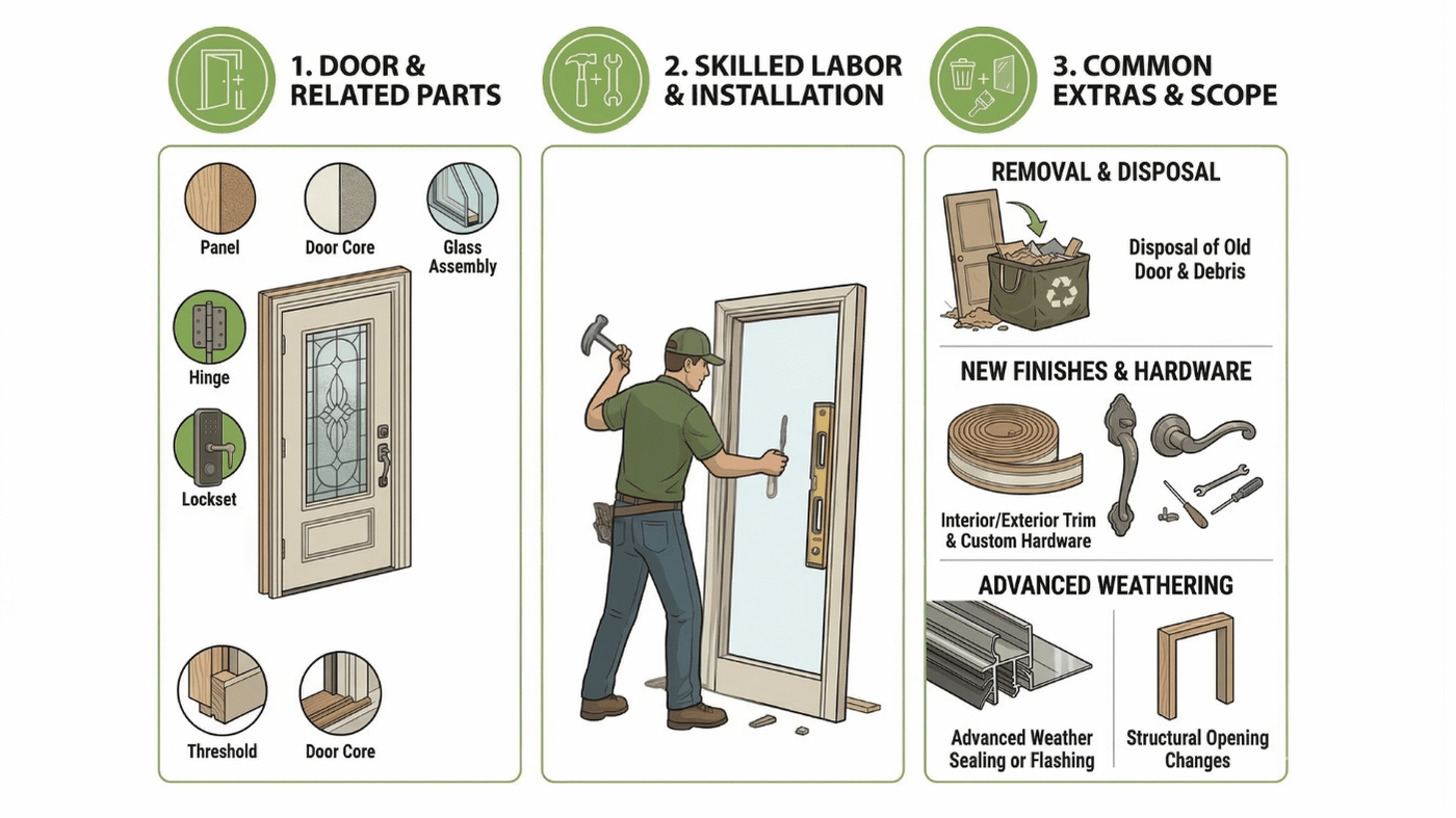 Door Installation Components Infographic Illustrated guide showing door parts, a worker installing a door, and extras like hardware and disposal.