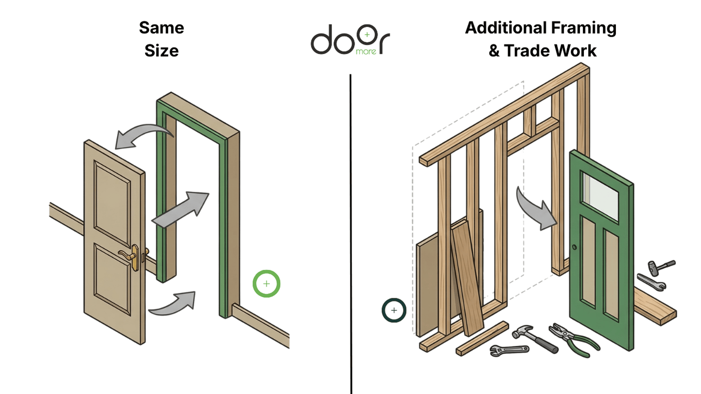 Door Replacement vs. New Framing Diagram Illustration showing a simple door swap on the left and a door installation with exposed wall studs and tools on the right.
