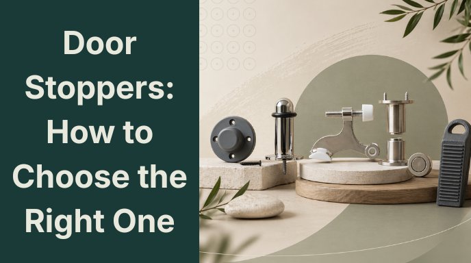 A variety of metal, plastic, and rubber door stoppers arranged neatly next to title text reading "Door Stoppers: How to Choose the Right One" over a dark green background shape.