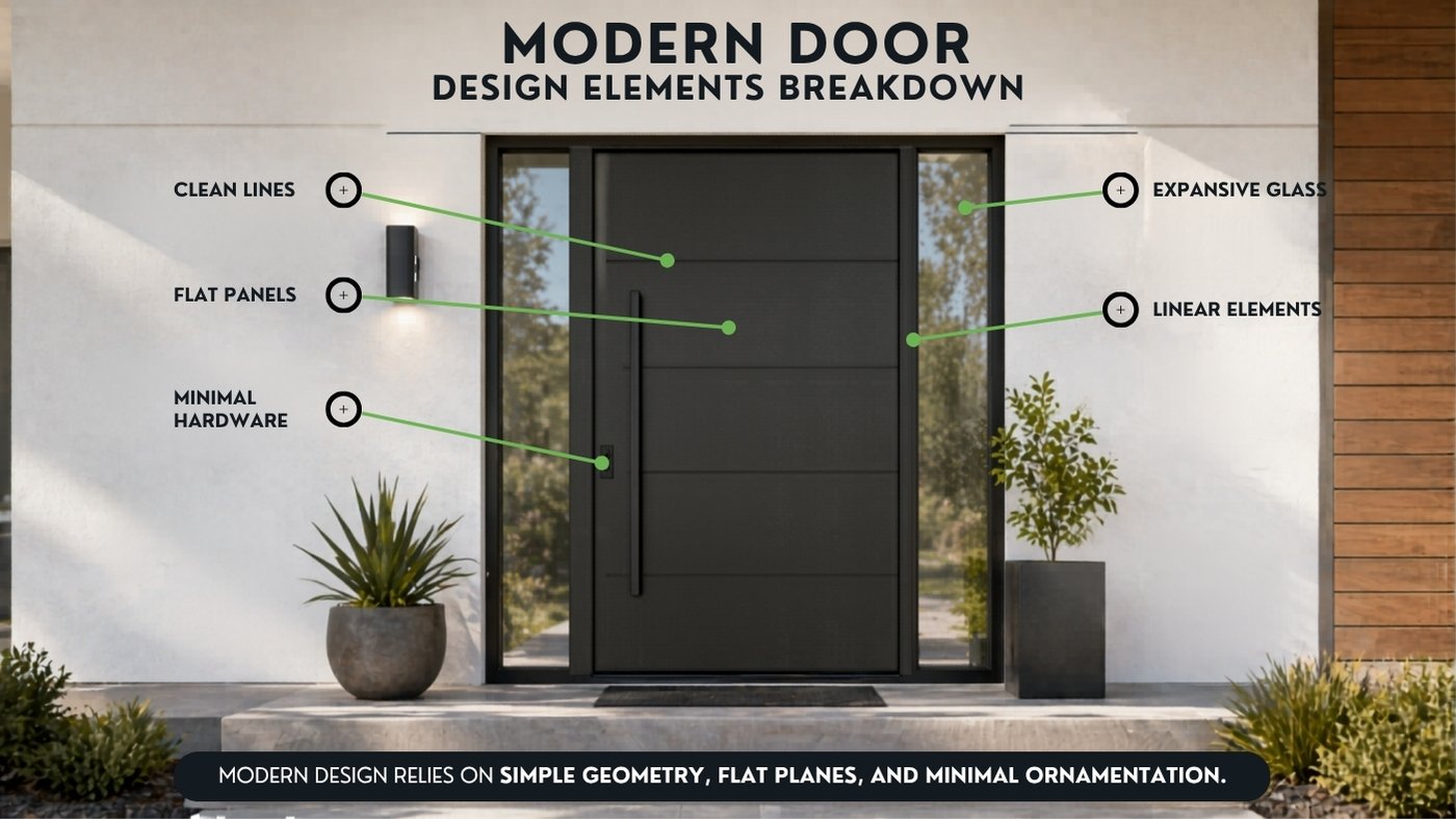Modern Door Design Elements Breakdown A diagram of a modern black front door with sidelights, labeling key design features like flat panels, clean lines, and minimal hardware against a white exterior.