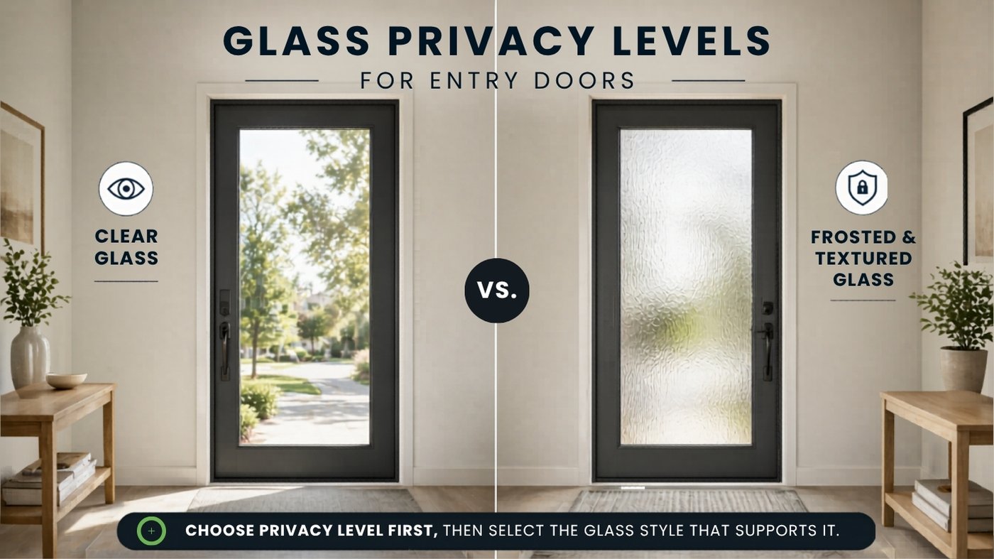 Glass Privacy Levels for Entry Doors A split-screen comparison showing a black-framed door with clear glass on the left and frosted glass on the right to demonstrate privacy levels.