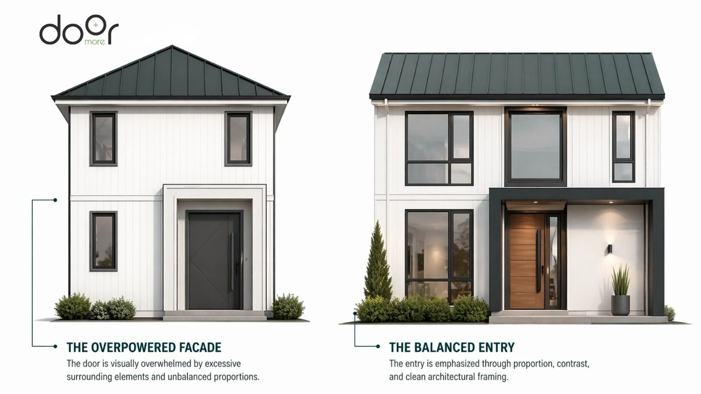 A comparative infographic illustrating entry door proportions, contrasting an "Overpowered Facade" where the door is visually overwhelmed by surrounding elements with a "Balanced Entry" that emphasizes the door through contrast, clean architectural framing, and proper scale. A front porch with a wood Craftsman door, tapered columns on stone bases, and a slate stone floor.