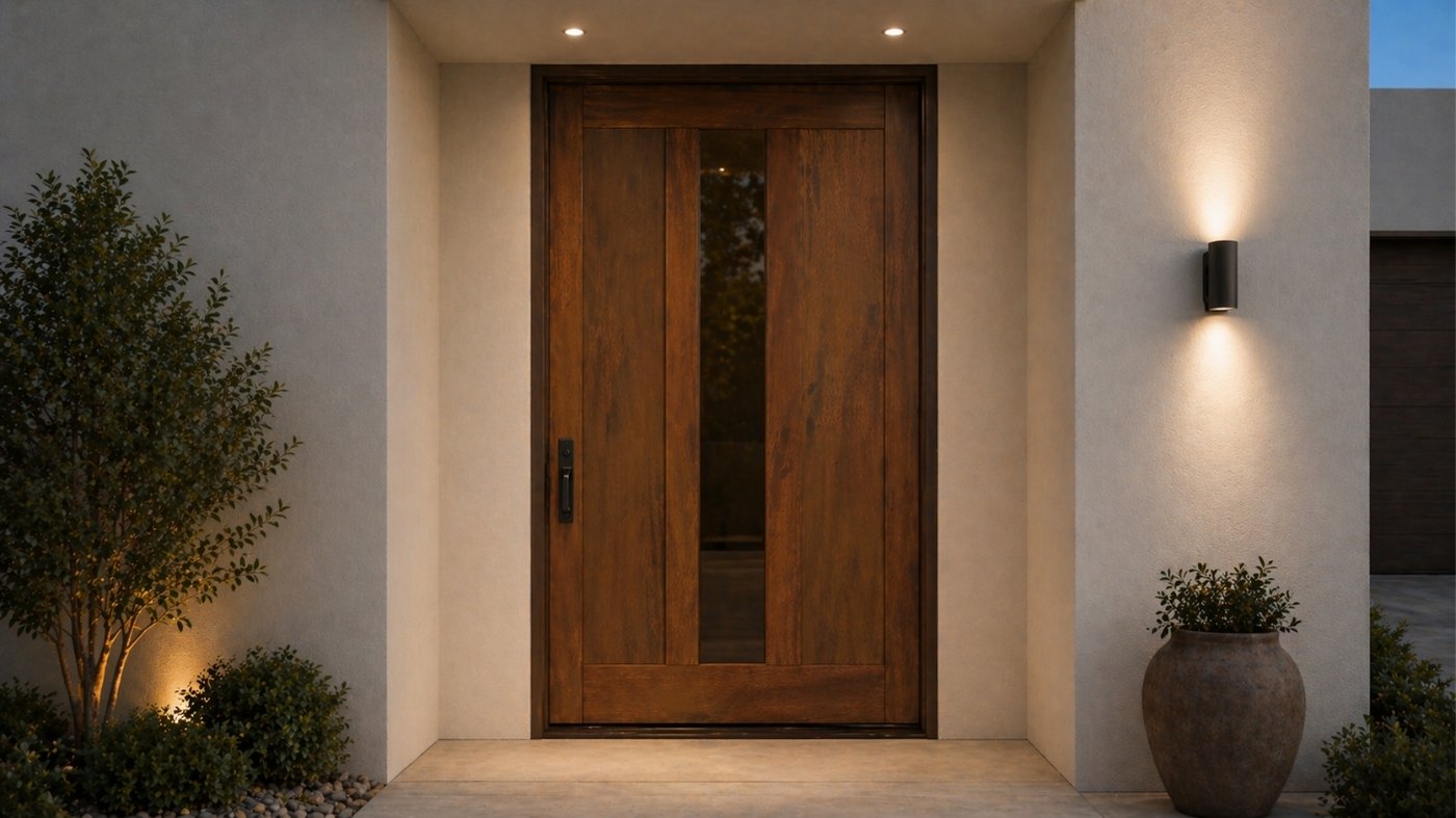Contemporary Wood pivot Entry with Vertical Glazing A modern wood front pivot door with a center glass panel set in a white exterior alcove with elegant night lighting.