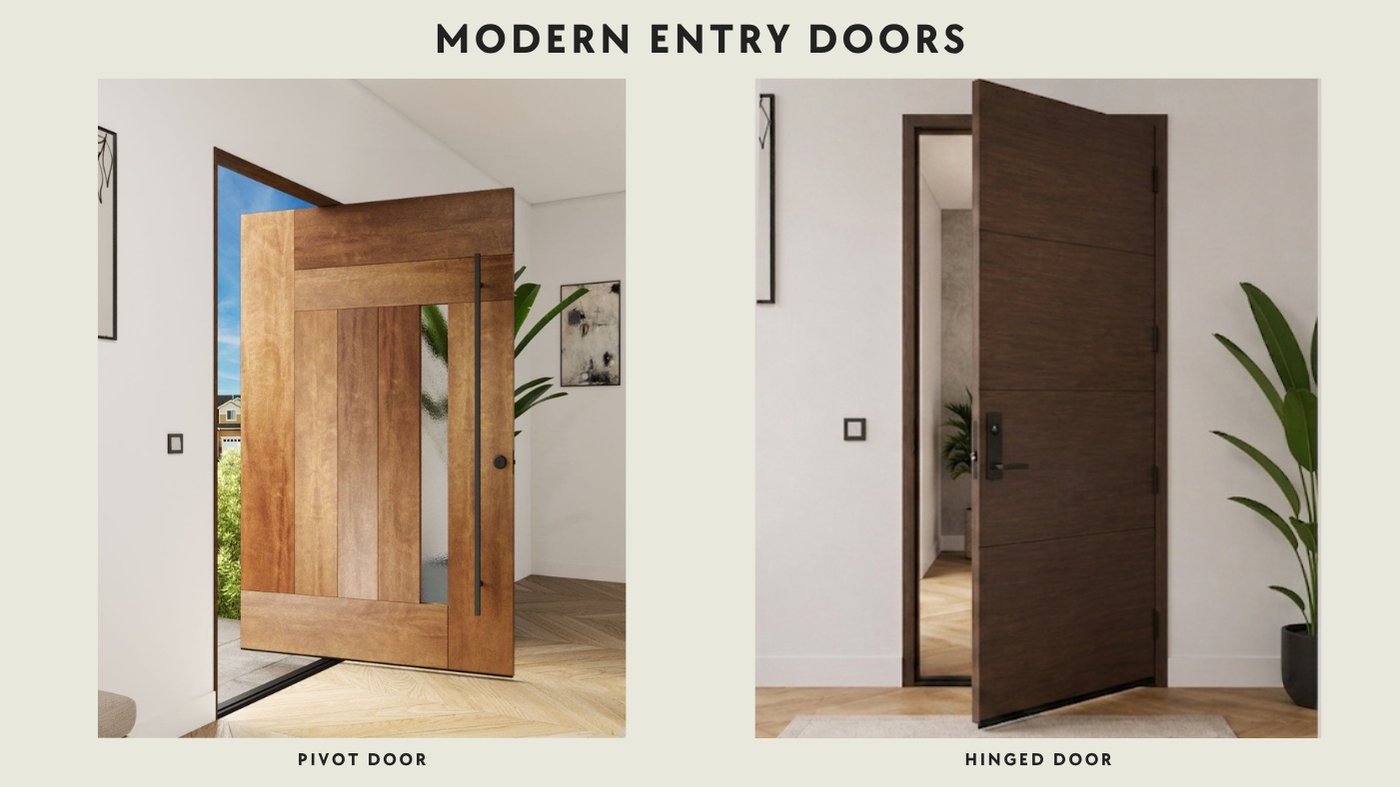 Modern Entry Doors Comparison Two photos showcasing a light wood pivot door and a dark wood hinged door in a contemporary interior setting.