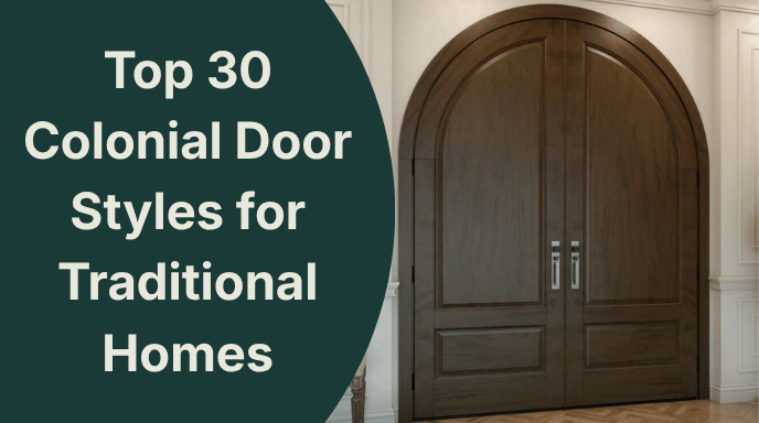Arched dark wood double doors in a traditional interior next to text about Colonial door styles.