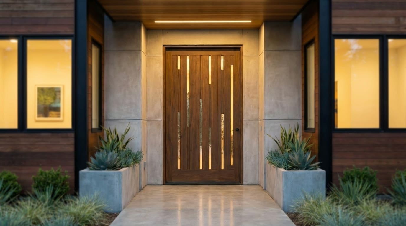 A modern brown wood door with a large vertical frosted glass panel, set within a deep recessed wood frame. A thin horizontal window sits above the door, and a single decorative key is mounted at the very top of the frame.