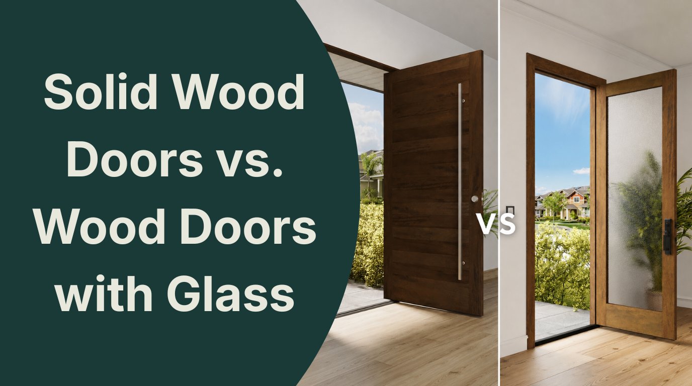 A split-screen comparison graphic showing a solid wood pivot door and a wood door with textured glass, with text reading "Solid Wood Doors vs. Wood Doors with Glass" on a dark green background.