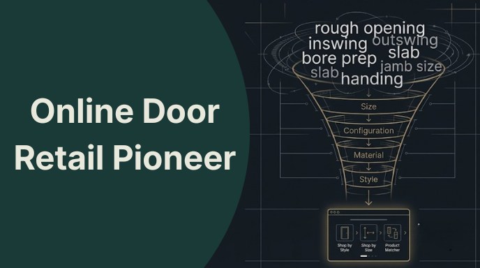 online-door-retail-pioneer-blog-banner Blog banner graphic titled Online Door Retail Pioneer featuring a technical product specification and e-commerce configuration funnel diagram.