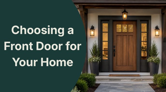 A web thumbnail for "Choosing a Front Door for Your Home" featuring a dark teal header overlay and an architectural render of a modern, black double-door entry with gold hardware and horizontal glass sidelites.