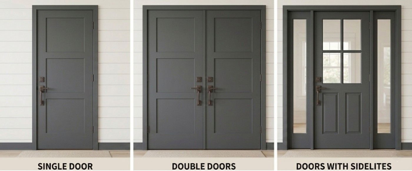 Front Door Configurations: Single, Double Doors & Sidelites Side-by-side comparison of three charcoal front door configurations: a three-panel Single Door, matching three-panel Double Doors, and a half-lite door with dual glass Sidelites.