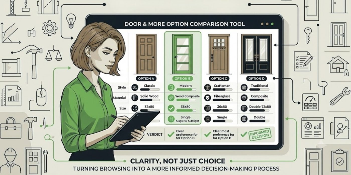 door-specification-configurator-funnel Technical infographic showing an exploded door component assembly diagram next to a specification funnel filtering rough opening, jamb size, handing, and material into an e-commerce shopping matrix.