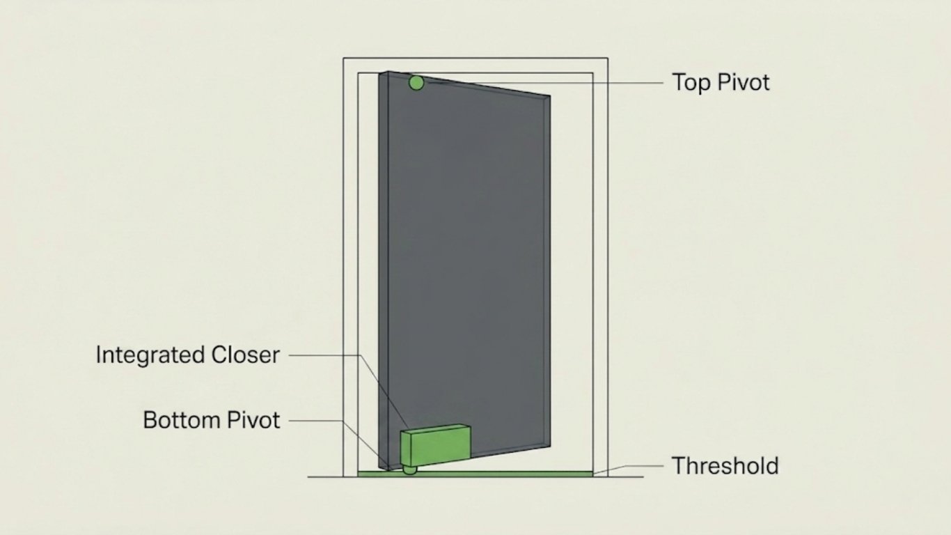 Key Components of a Pivot Door System Technical diagram of pivot door details highlighting the top pivot, bottom pivot, integrated closer, and threshold components.