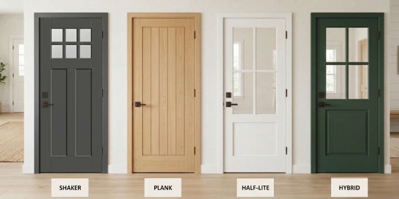 Comparing Door Styles: Shaker, Plank, Half-Lite, and Hybrid Doors Side-by-side comparison of four door styles: dark gray Craftsman Shaker door, natural wood Plank door, white glass Half-Lite door, and forest green Hybrid door.
