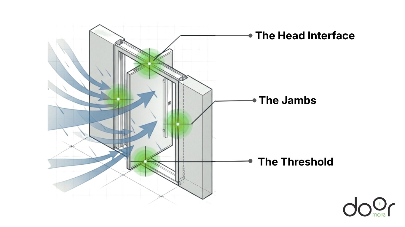 Exterior Sealing and Weatherproofing Guide for Pivot Doors Technical diagram of pivot door weatherproofing points including the head interface, the jambs, and the threshold sealing to prevent wind and rain infiltration.