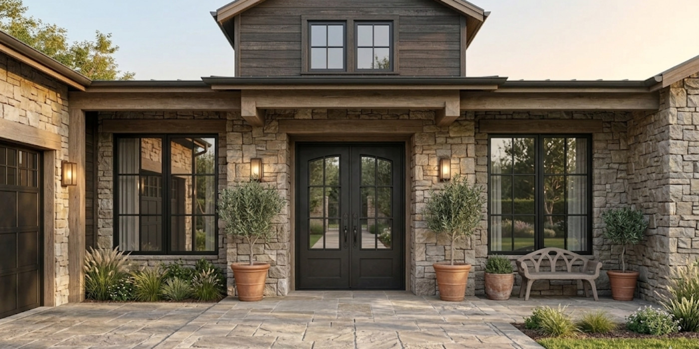 Craftsman Style Entryway A front porch with a wood Craftsman door, tapered columns on stone bases, and a slate stone floor.