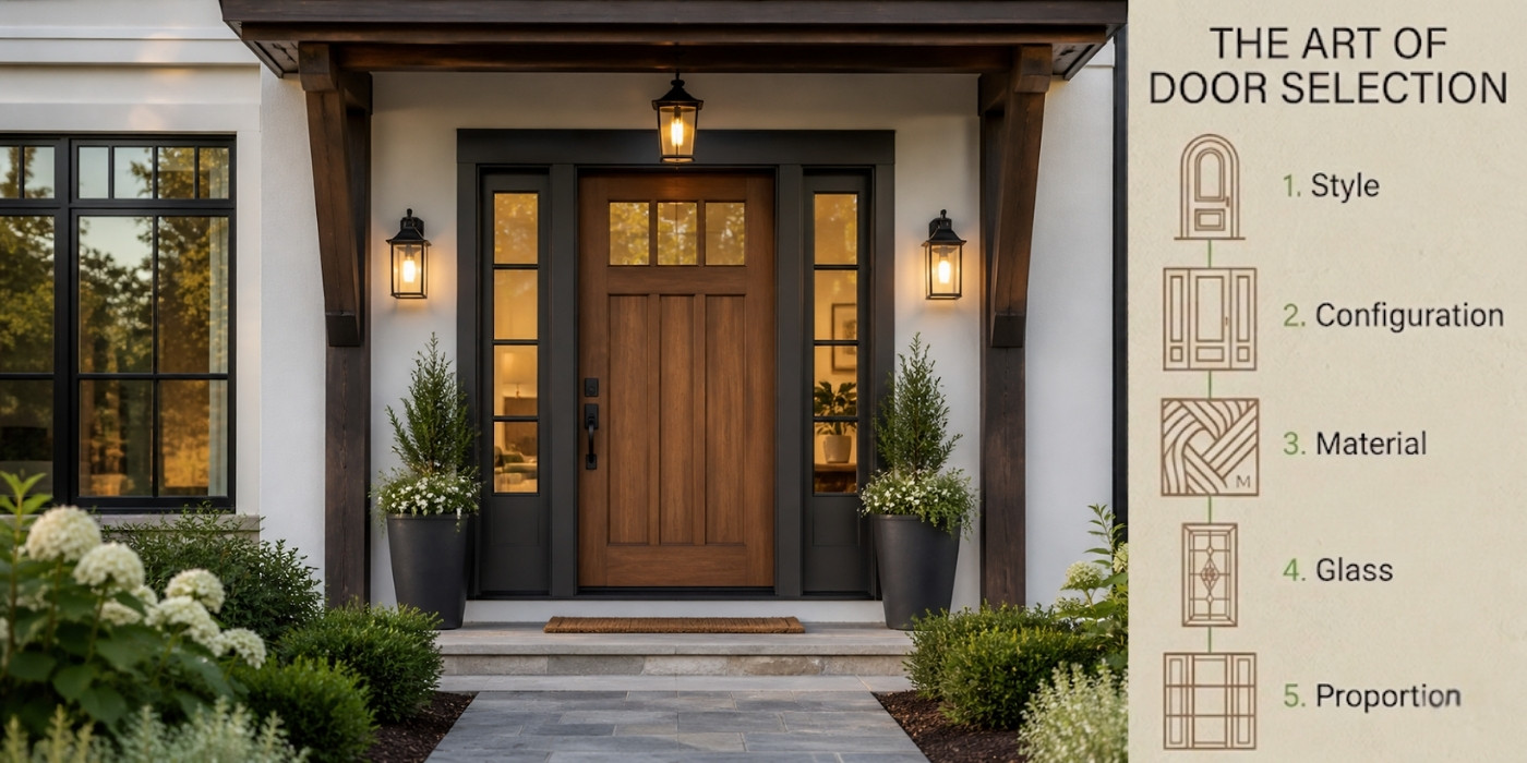 The Art of Door Selection: Style, Material, and Proportion Guide A craftsman-style wooden front door with glass panes and sidelights alongside a 5-step checklist for door selection: Style, Configuration, Material, Glass, and Proportion.