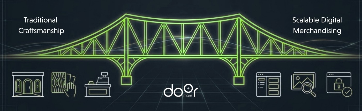 traditional-door-craftsmanship-to-digital-merchandising-bridge Infographic showing a green bridge connecting traditional door craftsmanship icons like brick-and-mortar storefronts and wood grain samples to scalable digital merchandising web icons.