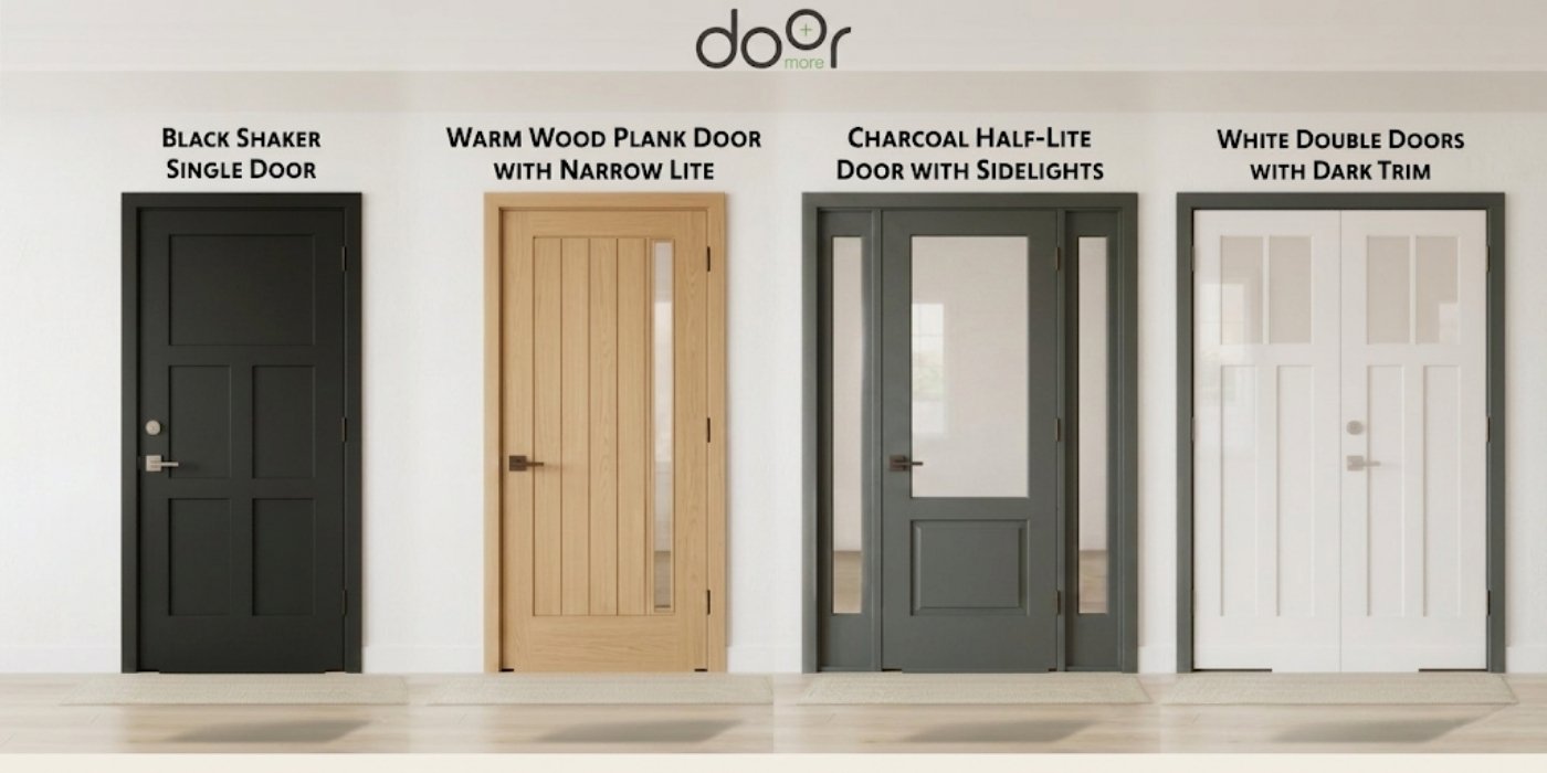 Front Door Design Ideas: Shaker, Wood Plank, Sidelights & Double Doors Four front door design examples: Black Shaker single door, Warm Wood plank door with narrow glass lite, Charcoal half-lite door with sidelights, and White double doors with dark charcoal trim.