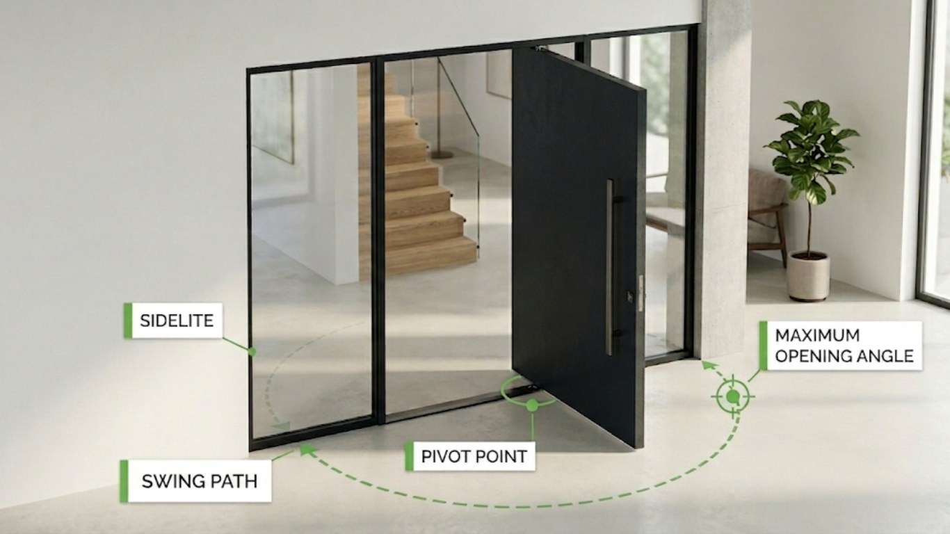 Pivot Door Sidelight Options and Swing Path Clearance A modern black pivot door with a glass sidelight showing the pivot point, swing path arc, and maximum opening angle constraints.