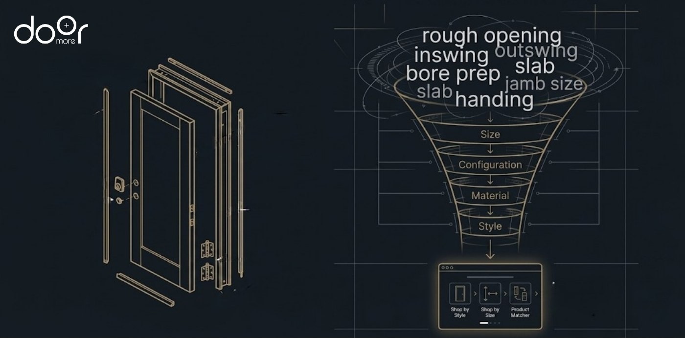 door-specification-configurator-funnel Technical infographic showing an exploded door component assembly diagram next to a specification funnel filtering rough opening, jamb size, handing, and material into an e-commerce shopping matrix.