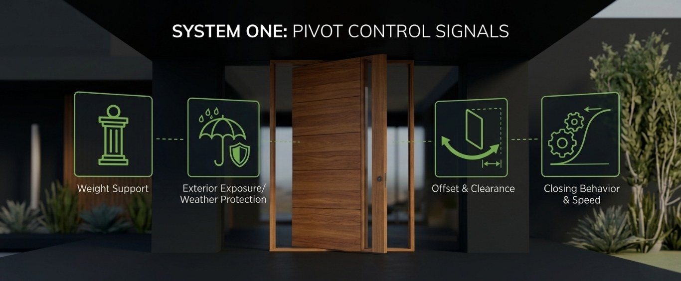 System One: Pivot Door Control Signals and Performance Metrics Infographic titled System One: Pivot Control Signals, featuring a wood pivot door and four icons for Weight Support, Exterior Exposure and Weather Protection, Offset and Clearance, and Closing Behavior and Speed.