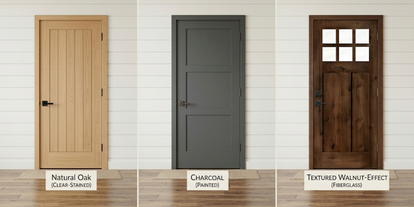 Door Finishes Compared: Natural Oak, Charcoal & Walnut Fiberglass Comparison of three door finishes: light Natural Oak clear-stained plank door, matte Charcoal painted three-panel door, and rich dark Textured Walnut-Effect fiberglass door with glass lites.