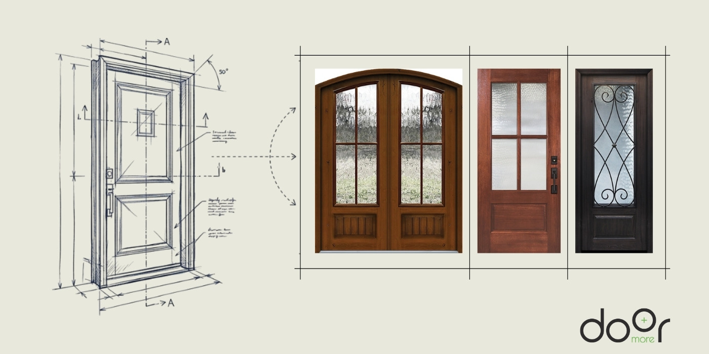 architectural-front-door-blueprints-and-wood-styles Technical line drawing blueprint of a front door next to three premium wood entry door options: an arched double door, a craftsman 4-pane glass door, and a traditional iron grill glass door.