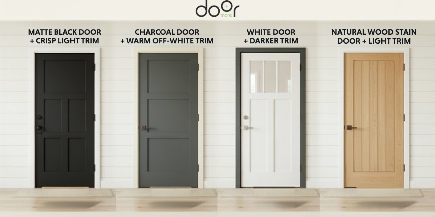 Door and Trim Color Ideas: Black, Charcoal, White & Wood Four door and trim color combinations: Matte Black door with crisp light trim, Charcoal door with warm off-white trim, White door with darker charcoal trim, and Natural Wood stain door with light trim.