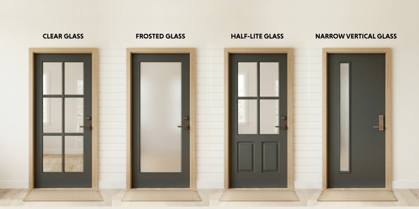 Door Glass Options: Clear, Frosted, Half-Lite & Narrow Vertical Comparison of four dark gray door glass configurations: full clear glass with grilles, full frosted privacy glass, four-pane half-lite glass, and off-center narrow vertical glass.