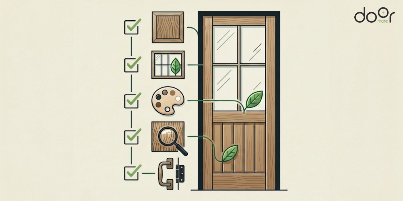 Visual checklist diagram for modern farmhouse door elements: clean frame structure, glass grid panes, natural palette, wood grain texture, and rustic black hardware. A front porch with a wood Craftsman door, tapered columns on stone bases, and a slate stone floor.