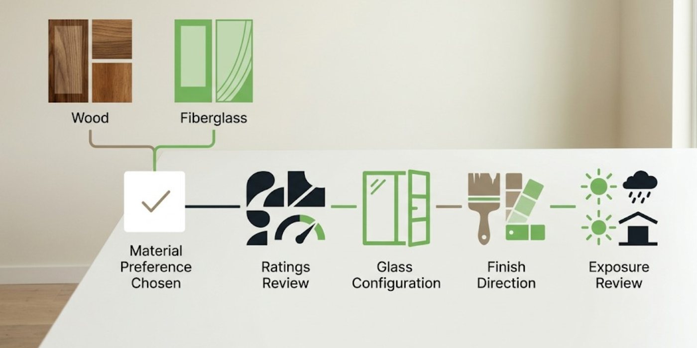 Exterior Door Comparison Infographic: Wood vs. Fiberglass Cost, Installation, and Lifespan Infographic comparing wood versus fiberglass exterior doors, outlining differences in long-term maintenance costs, DIY cutting flexibility, and replacement timelines over 15 years.