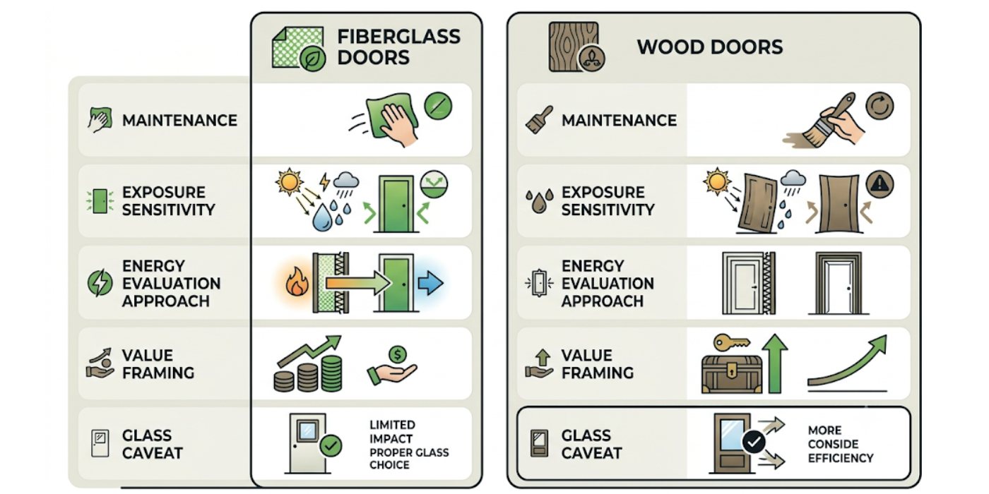 Real Wood Doors vs. Simulated Grain: Maintenance and Environmental Durability Guide A side-by-side comparison illustrating a weather-beaten real wood door on the left versus a pristine door with a simulated grain pattern and a quality inspection graphic on the right.