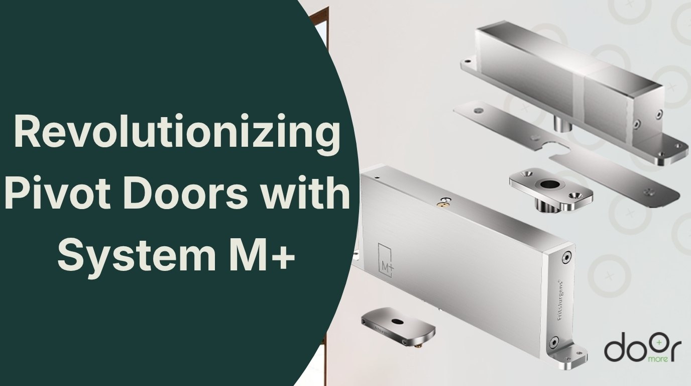 System M+: Unmatched Functionality and Elegance in Pivot Engineering web thumbnail for "Unmatched Functionality and Elegance: Revolutionizing Pivot Doors with System M+" featuring detailed renders of hydraulic pivot hardware components, including the top pivot, floor plate, and integrated closer unit on a dark background.